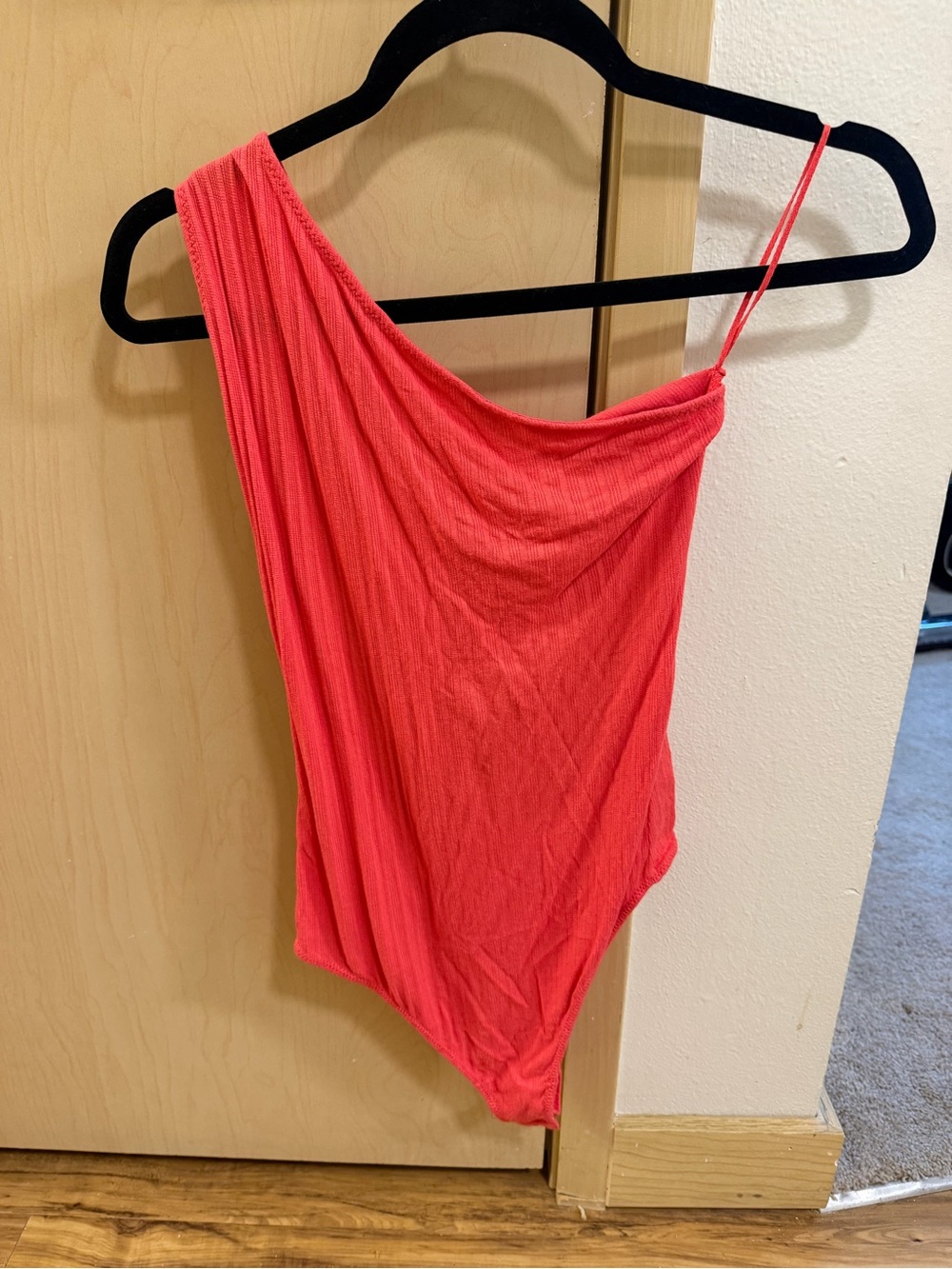Free People One-Shoulder Coral Red Ribbed Bodysuit